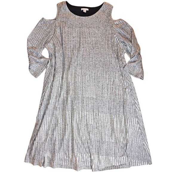 Cato Shimmery Silver Metallic Cold Shoulder Shift Dress - Picture 1 of 5